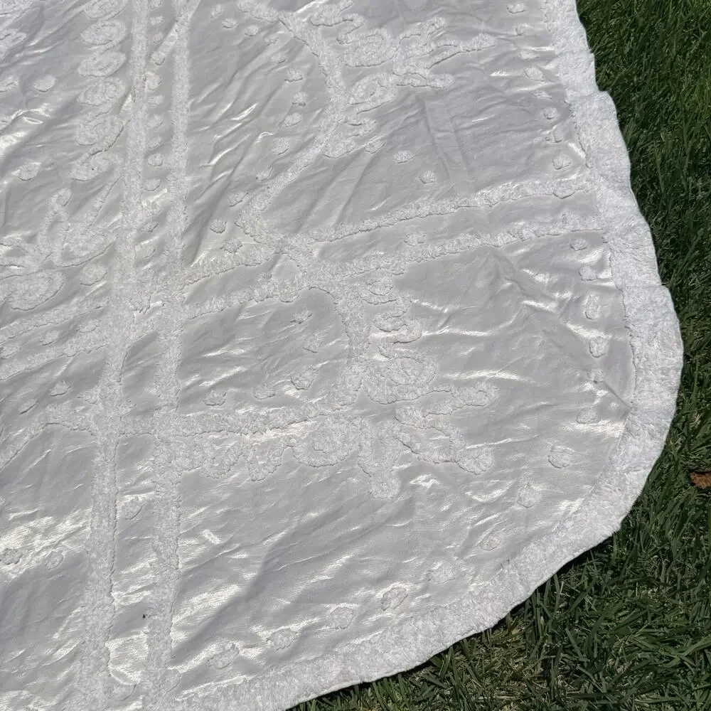 Vtg 50's EVERWEAR Chenille Satin Bedspread Cream White Full/Queen Hollywood Glam
